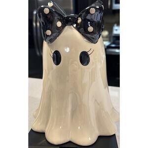 New Viral Ghost Black White Polka Dot Bow Halloween Figurine 9” X 7” Spooky Cute